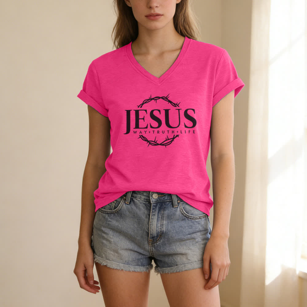 Christianartworkshop Women's Jesus Print Casual Print V-Neck T-shirt - image 23