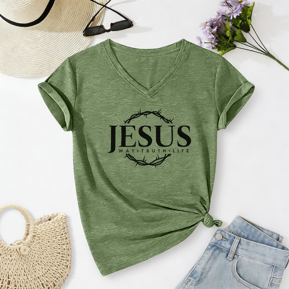 Christianartworkshop Women's Jesus Print Casual Print V-Neck T-shirt - Olive Green - 2XL - image 10
