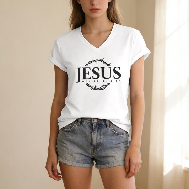 Christianartworkshop Women's Jesus Print Casual Print V-Neck T-shirt - image 3