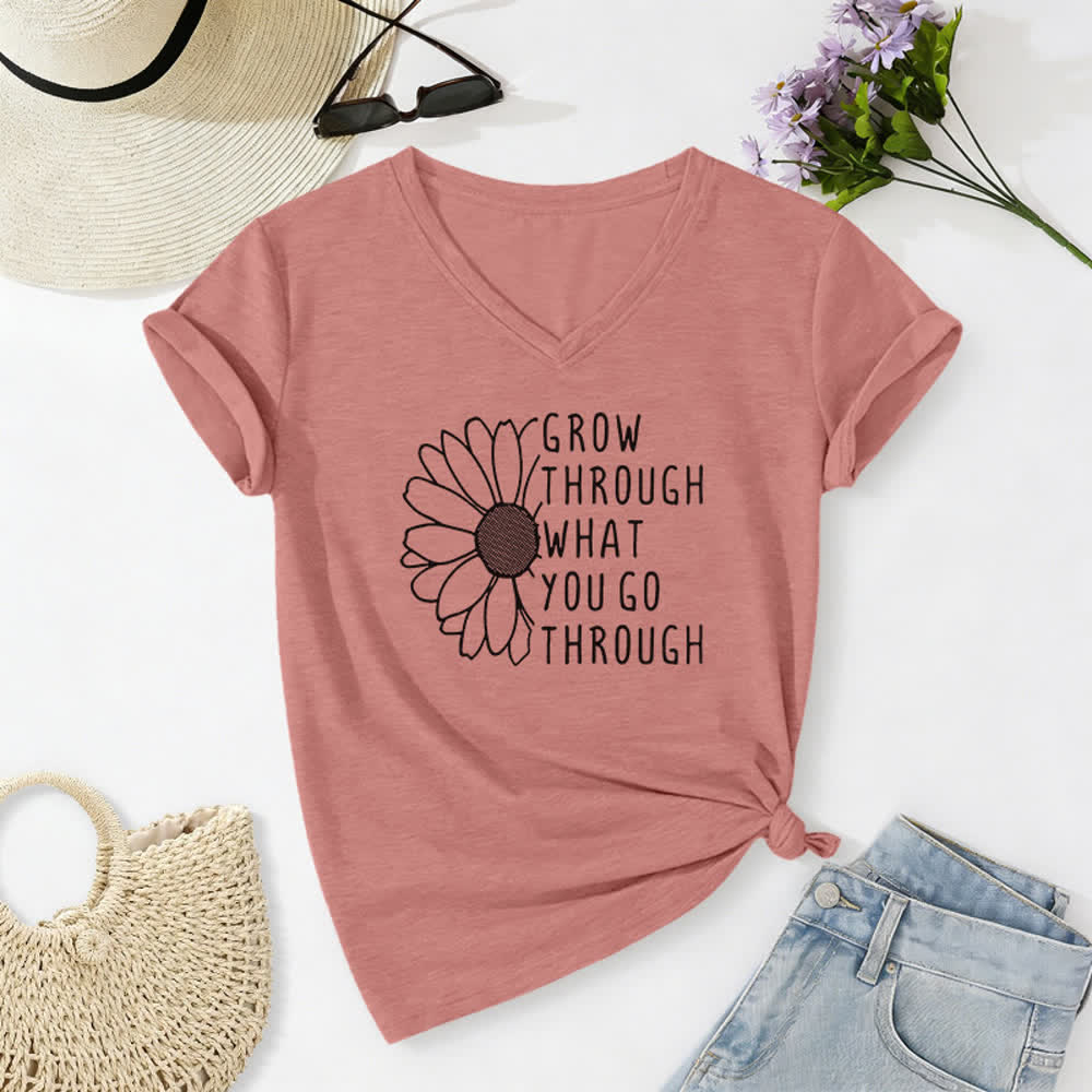 ChristianartworkshopWomen's Grow Through What You Go Through Print V-Neck T-shirt - Light Pink - 2XL - image 18