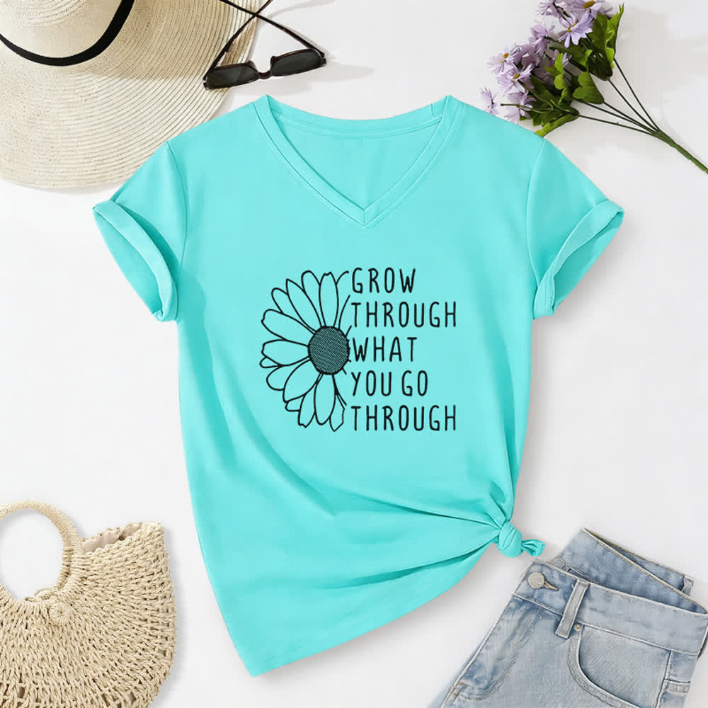ChristianartworkshopWomen's Grow Through What You Go Through Print V-Neck T-shirt - Sky Blue - 2XL - image 14