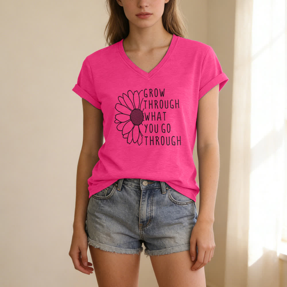 ChristianartworkshopWomen's Grow Through What You Go Through Print V-Neck T-shirt - image 23