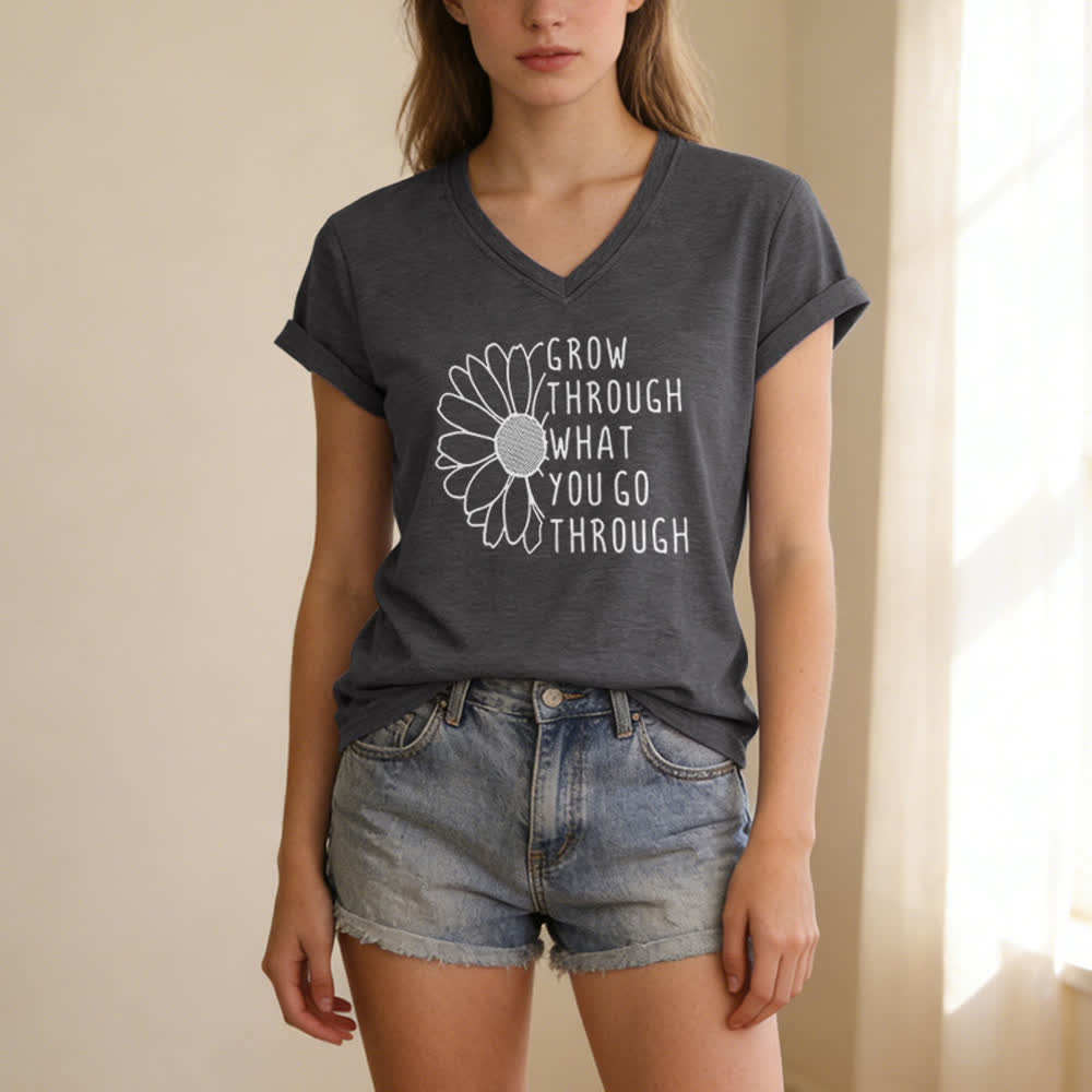 ChristianartworkshopWomen's Grow Through What You Go Through Print V-Neck T-shirt - image 7