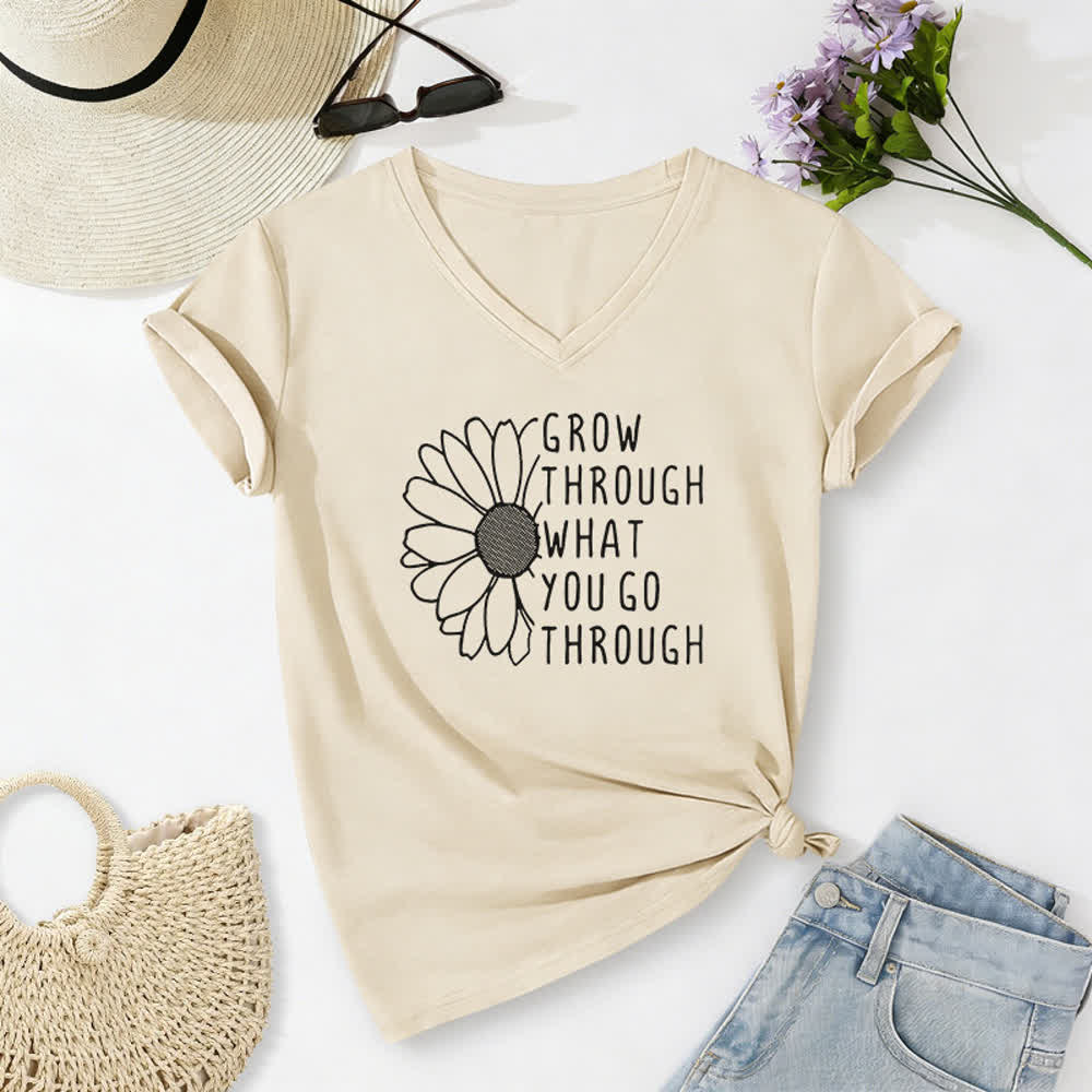 ChristianartworkshopWomen's Grow Through What You Go Through Print V-Neck T-shirt - Beige - 2XL - image 8