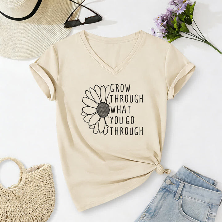 ChristianartworkshopWomen's Grow Through What You Go Through Print V-Neck T-shirt - Beige - 2XL - image 8