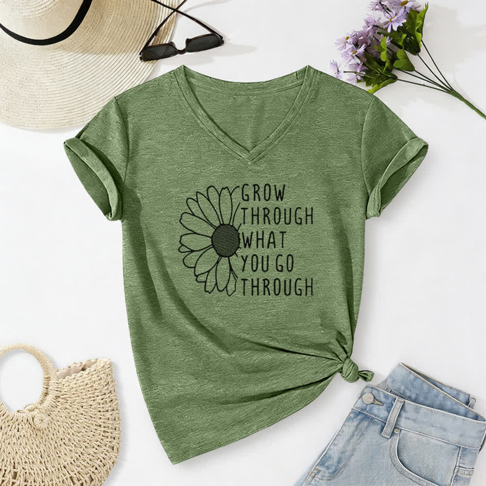ChristianartworkshopWomen's Grow Through What You Go Through Print V-Neck T-shirt - Olive Green - 2XL - image 10