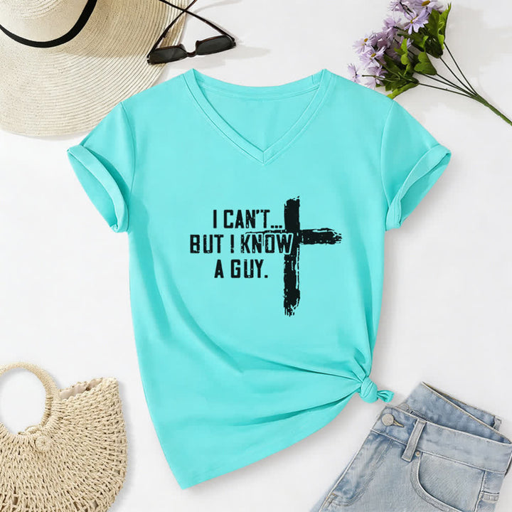 Christianartworkshop Women's I Can't But I Know A Guy Faith Print V-Neck T-shirt - Sky Blue - 2XL - image 14