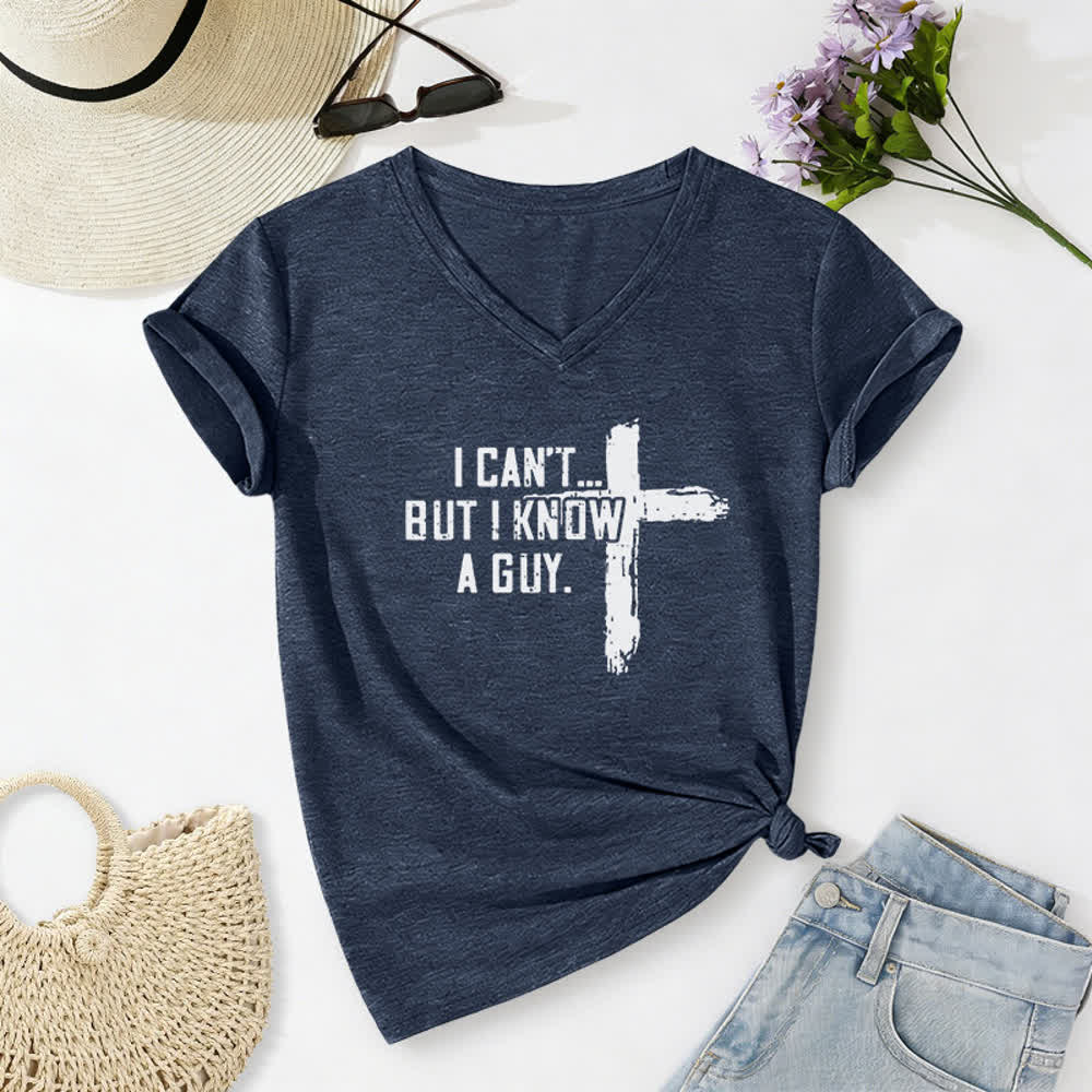 Christianartworkshop Women's I Can't But I Know A Guy Faith Print V-Neck T-shirt - Navy Blue - 2XL - image 16