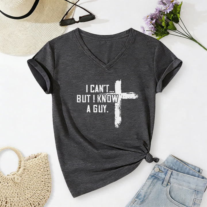 Christianartworkshop Women's I Can't But I Know A Guy Faith Print V-Neck T-shirt - Dark Grey - 2XL - image 6
