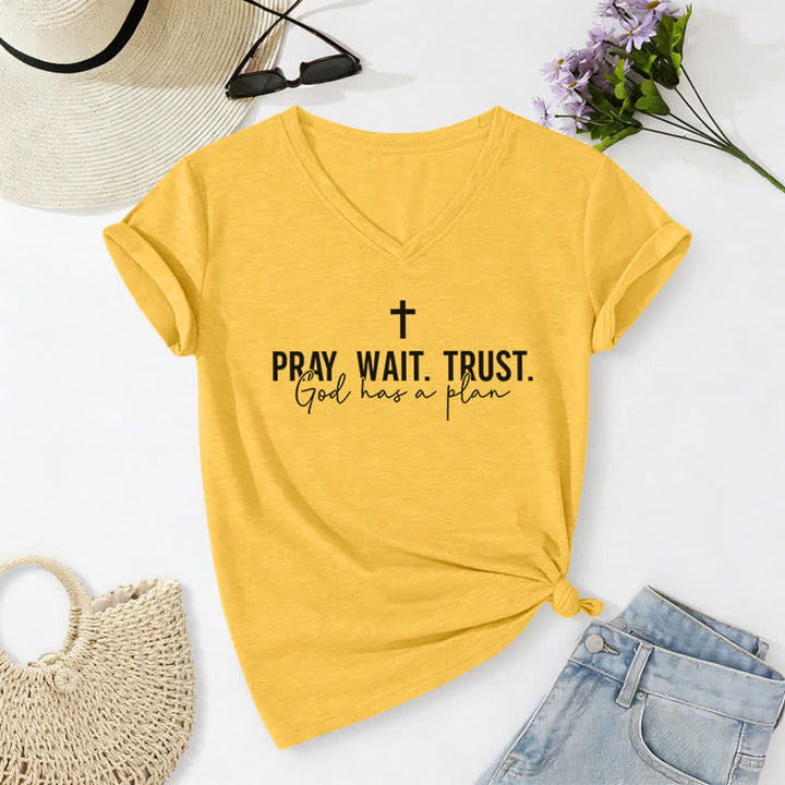 Christianartworkshop Women's Pray Wait Trust God Has a Plan V-Neck T-shirt - Yellow - 2XL - image 10