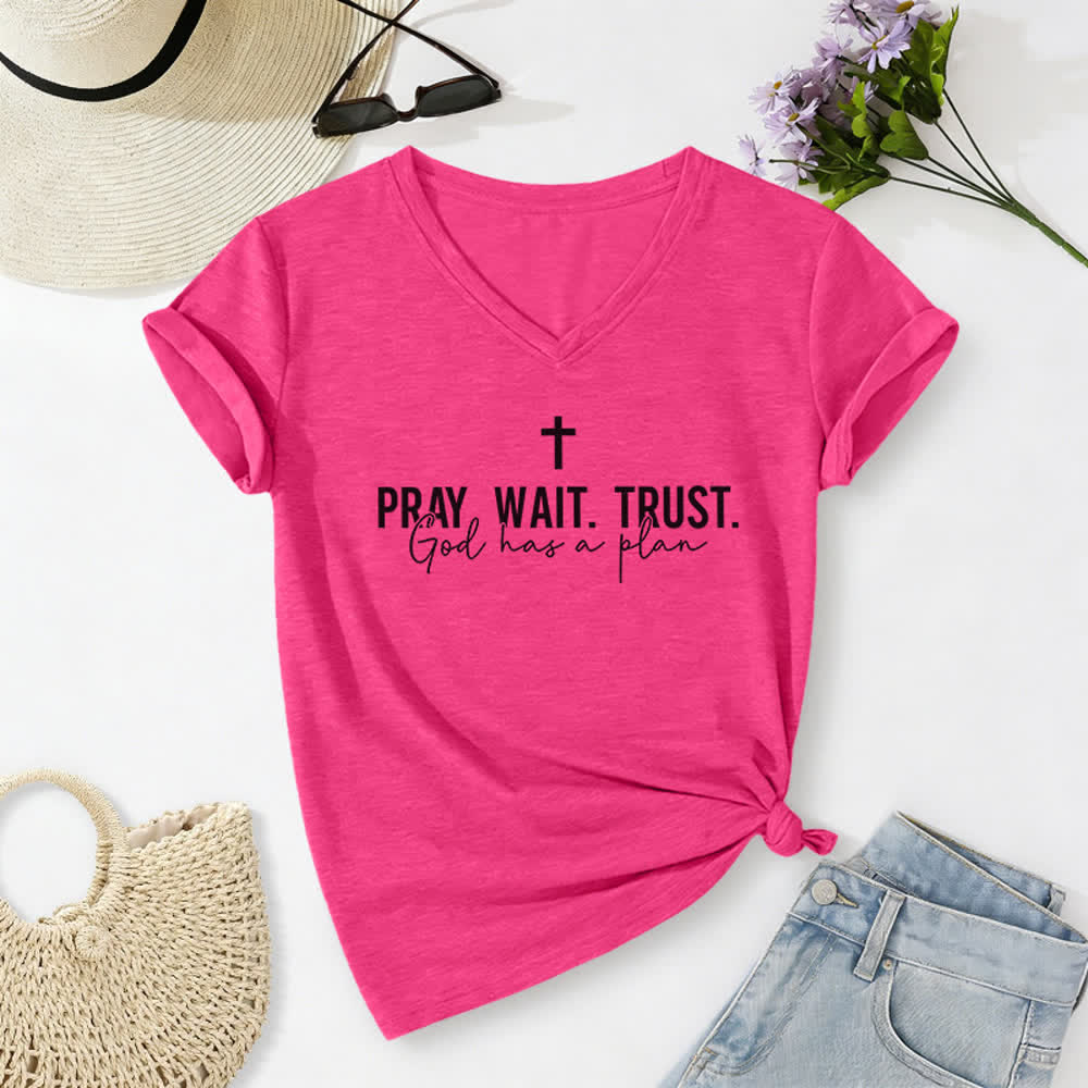 Christianartworkshop Women's Pray Wait Trust God Has a Plan V-Neck T-shirt - Rose - 2XL - image 22