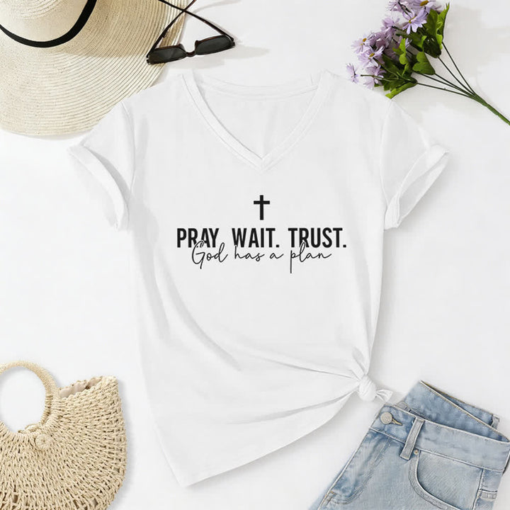 Christianartworkshop Women's Pray Wait Trust God Has a Plan V-Neck T-shirt - White - 2XL - image 4