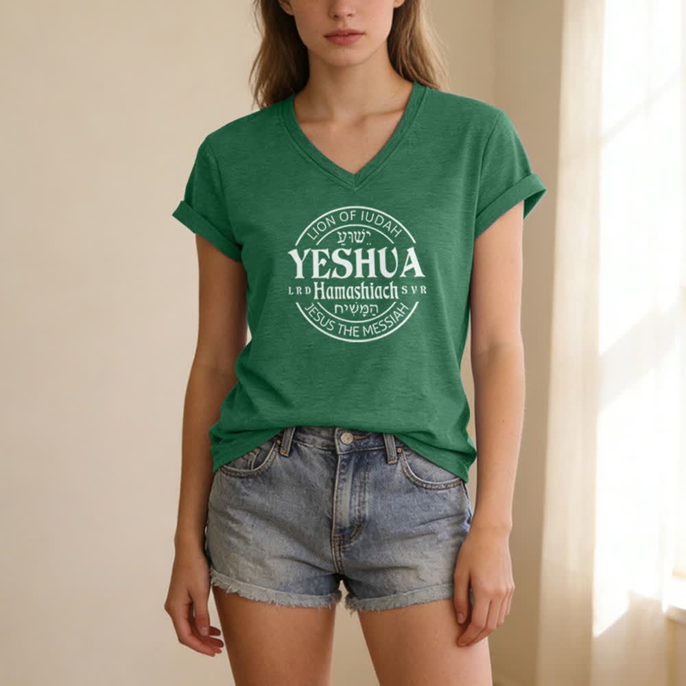 Christianartworkshop Women'S Lion Of Judah Yeshua Printed Casual V-Neck T-shirt - image 1