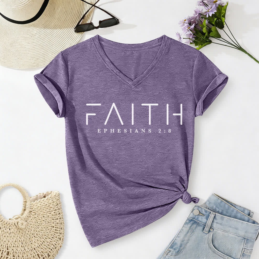 Christianartworkshop Women's Faith Printed Casual V-Neck T-shirt - Purple - 2XL - image 0