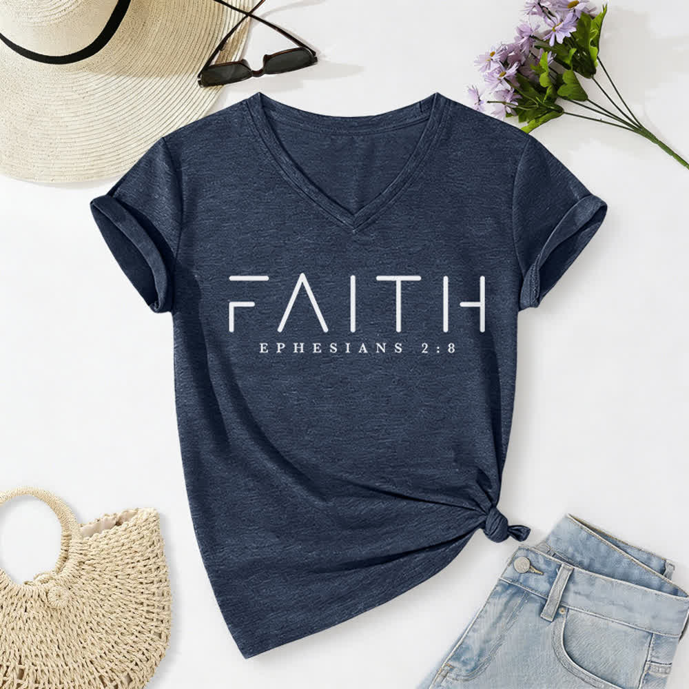 Christianartworkshop Women's Faith Printed Casual V-Neck T-shirt - Navy Blue - 2XL - image 18