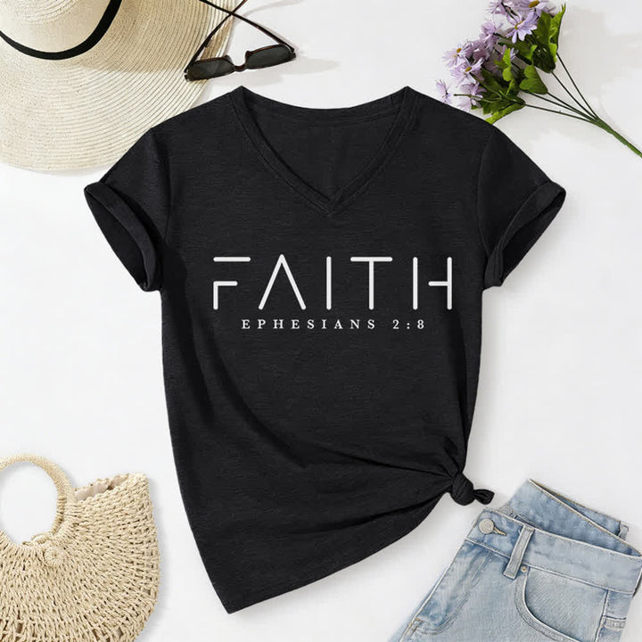 Christianartworkshop Women's Faith Printed Casual V-Neck T-shirt - Black - 2XL - image 2