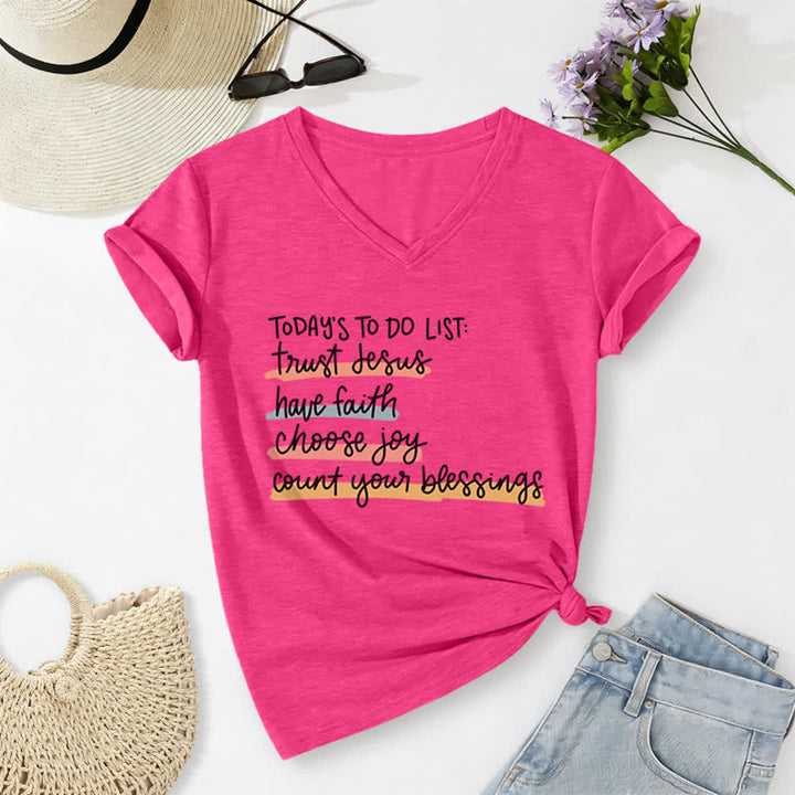Christianartworkshop Today 's To-Do List Trust Jesus Have Faith Choose Joy Casual V-Neck T-shirt - Rose - 2XL - image 22