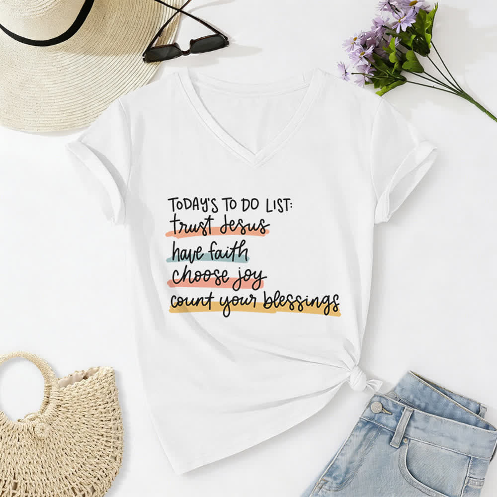 Christianartworkshop Today 's To-Do List Trust Jesus Have Faith Choose Joy Casual V-Neck T-shirt - White - 2XL - image 4