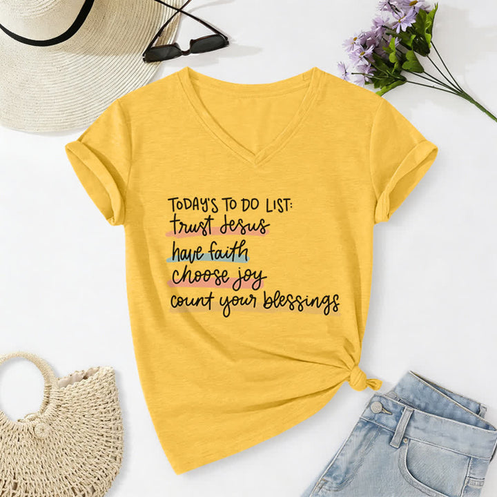 Christianartworkshop Today 's To-Do List Trust Jesus Have Faith Choose Joy Casual V-Neck T-shirt - Yellow - 2XL - image 10