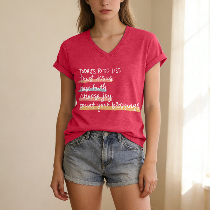 Christianartworkshop Today 's To-Do List Trust Jesus Have Faith Choose Joy Casual V-Neck T-shirt - image 21