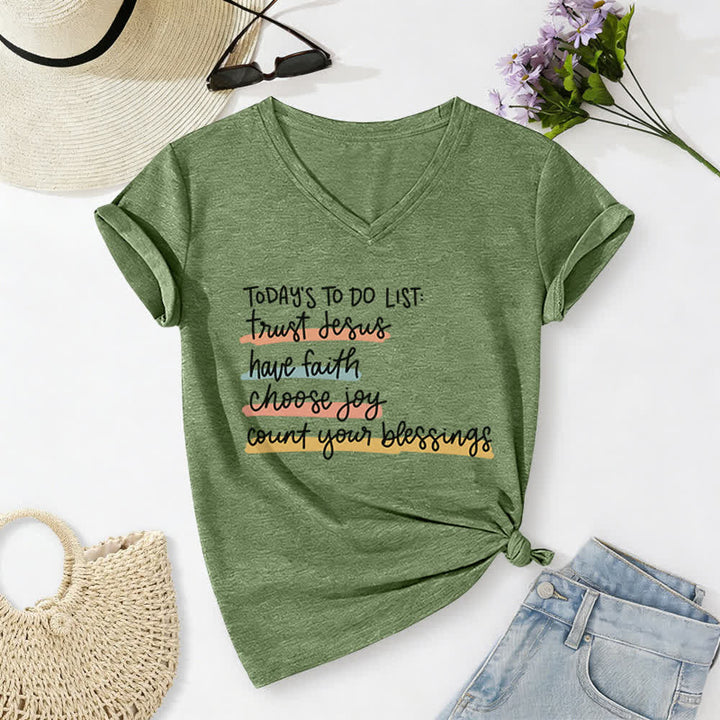 Christianartworkshop Today 's To-Do List Trust Jesus Have Faith Choose Joy Casual V-Neck T-shirt - Olive Green - 2XL - image 12