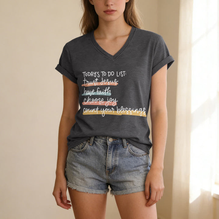 Christianartworkshop Today 's To-Do List Trust Jesus Have Faith Choose Joy Casual V-Neck T-shirt - image 7