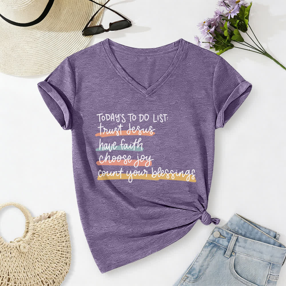 Christianartworkshop Today 's To-Do List Trust Jesus Have Faith Choose Joy Casual V-Neck T-shirt - Purple - 2XL - image 24