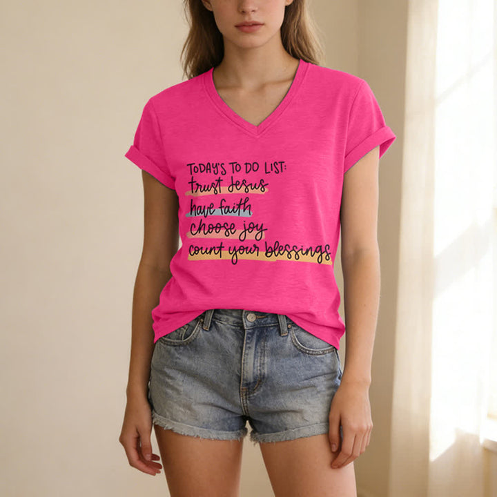 Christianartworkshop Today 's To-Do List Trust Jesus Have Faith Choose Joy Casual V-Neck T-shirt - image 23
