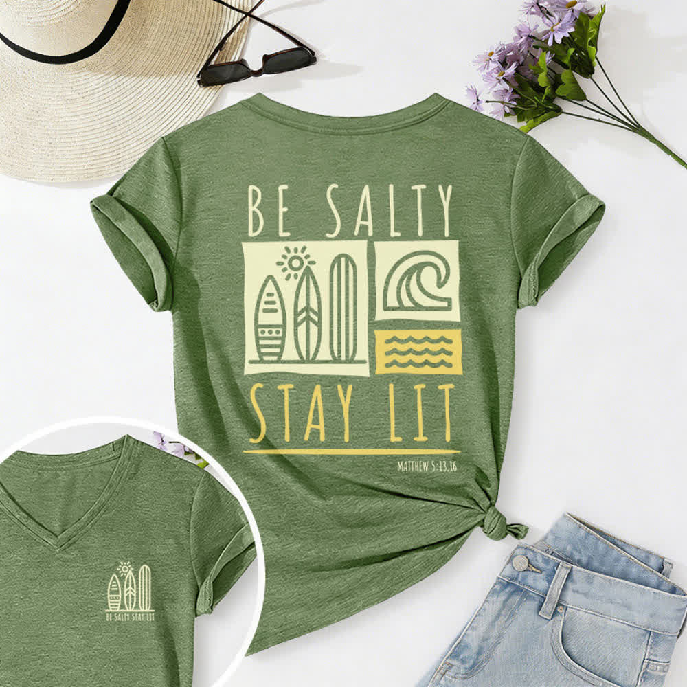 Christianartworkshop Women's Be Salty Stay Lit Printed Casual V-neck T-shirt - Olive Green - 2XL - image 30