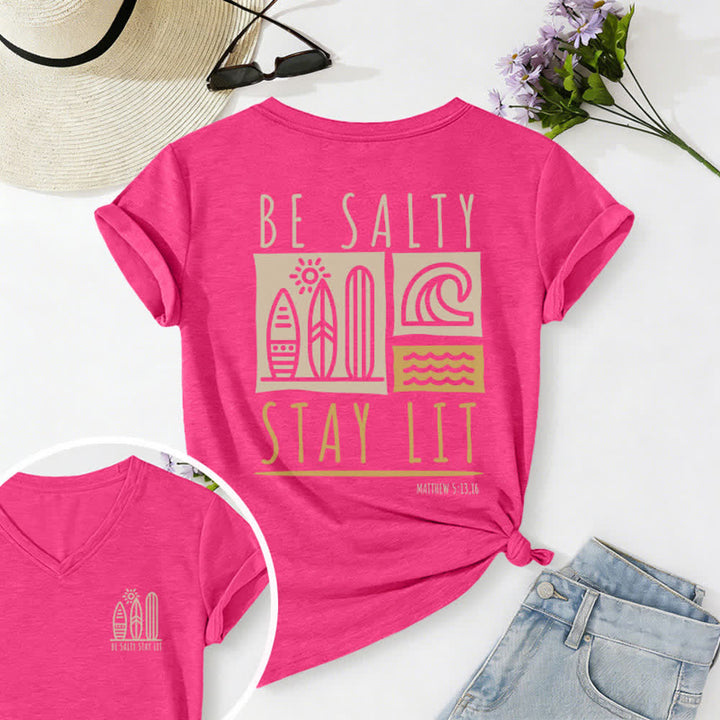 Christianartworkshop Women's Be Salty Stay Lit Printed Casual V-neck T-shirt - Rose - 2XL - image 55
