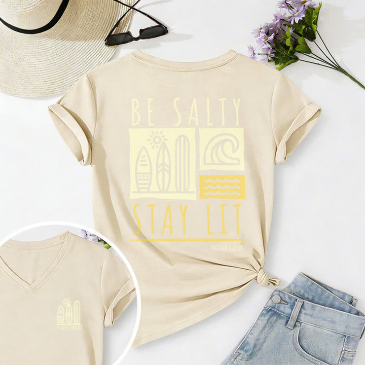 Christianartworkshop Women's Be Salty Stay Lit Printed Casual V-neck T-shirt - Beige - 2XL - image 20
