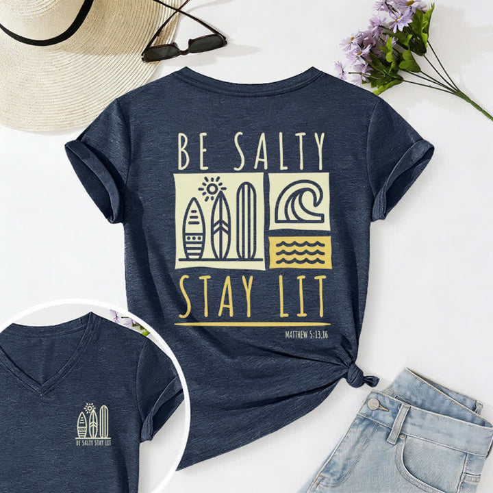 Christianartworkshop Women's Be Salty Stay Lit Printed Casual V-neck T-shirt - Navy Blue - 2XL - image 45