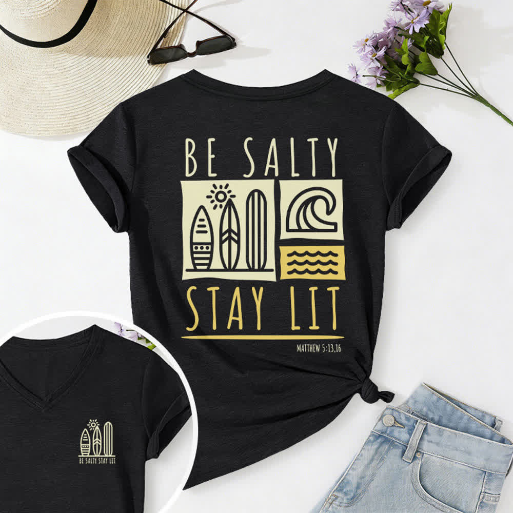 Christianartworkshop Women's Be Salty Stay Lit Printed Casual V-neck T-shirt - Black - 2XL - image 5