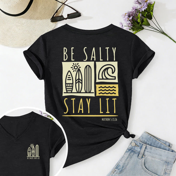 Christianartworkshop Women's Be Salty Stay Lit Printed Casual V-neck T-shirt - Black - 2XL - image 5