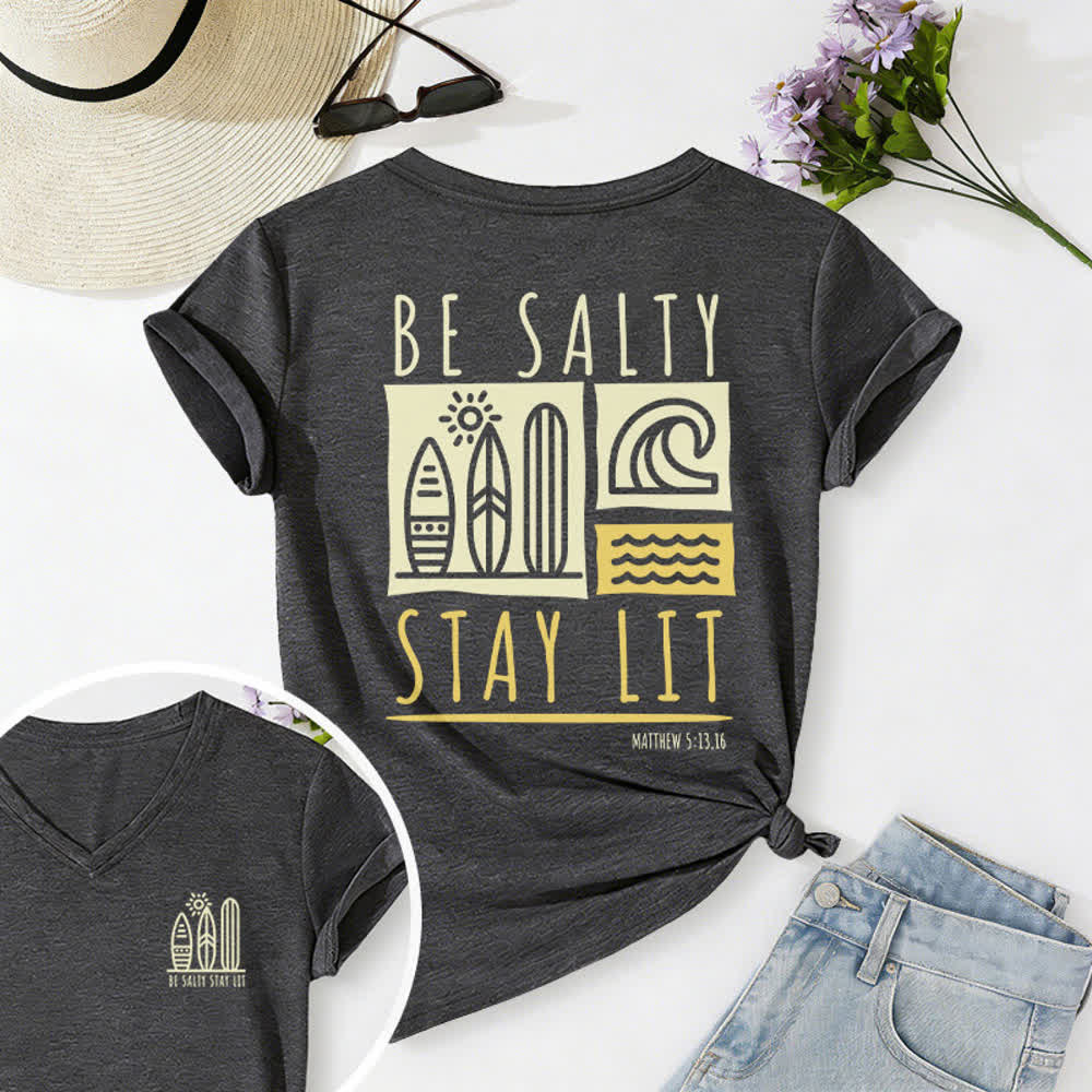 Christianartworkshop Women's Be Salty Stay Lit Printed Casual V-neck T-shirt - Dark Grey - 2XL - image 15