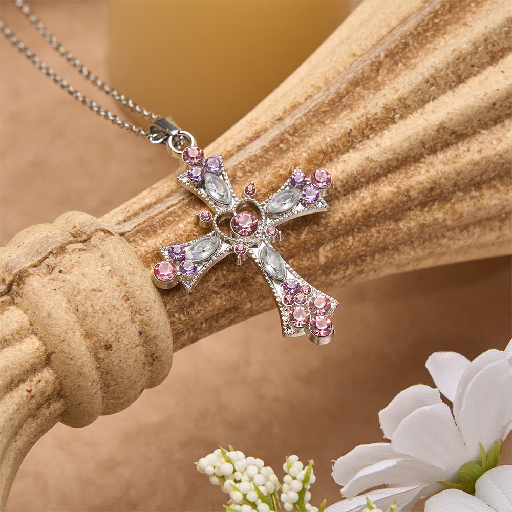 Christianartworkshop Pink & Purple Tone Zircon Cross Necklace with Heart Accent: A Dazzling Symbol of Love and Devotion - image 2