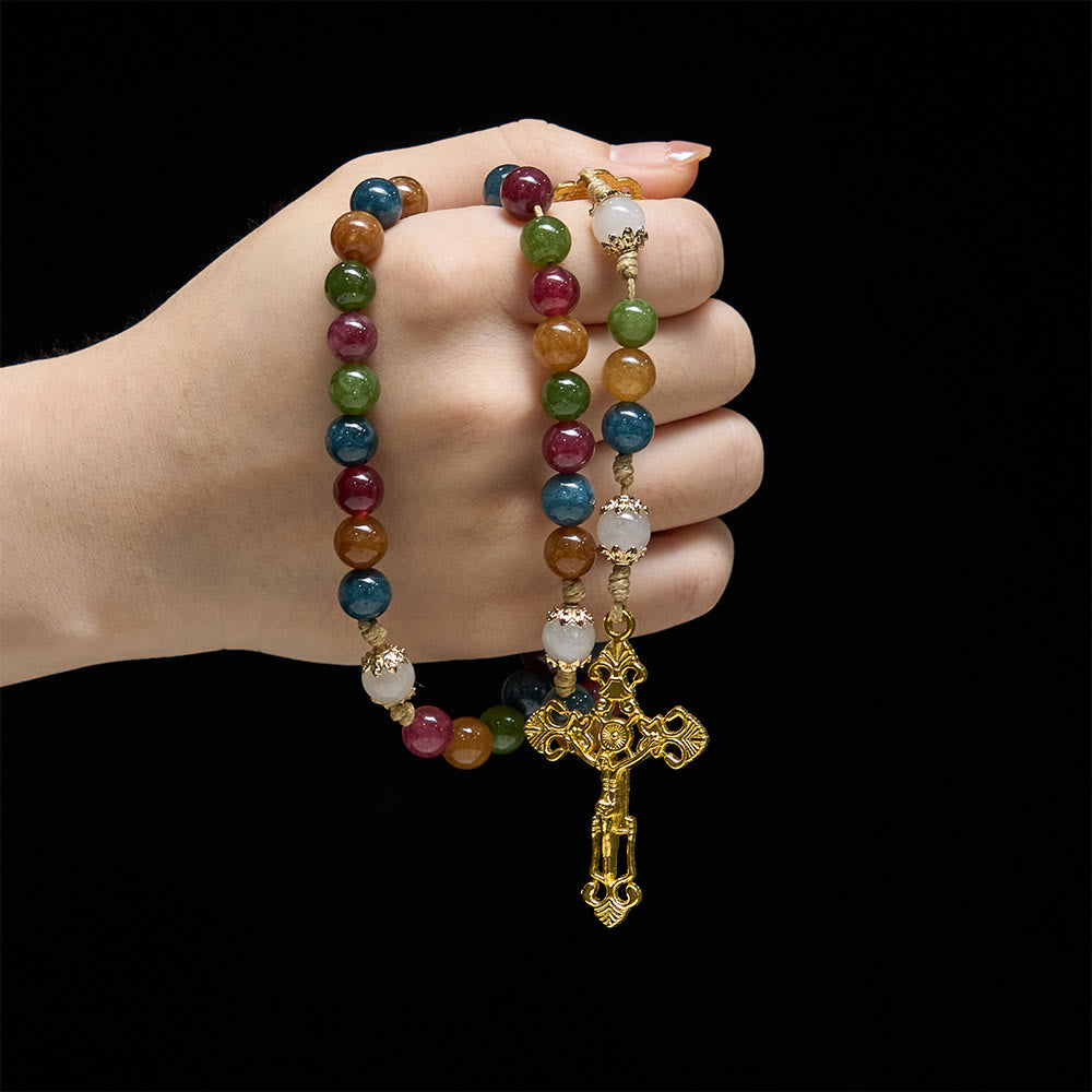 Christianartworkshop Colorful Tourmaline Beads Rosary with Square Divine Mercy and Golden Crucifix - image 1
