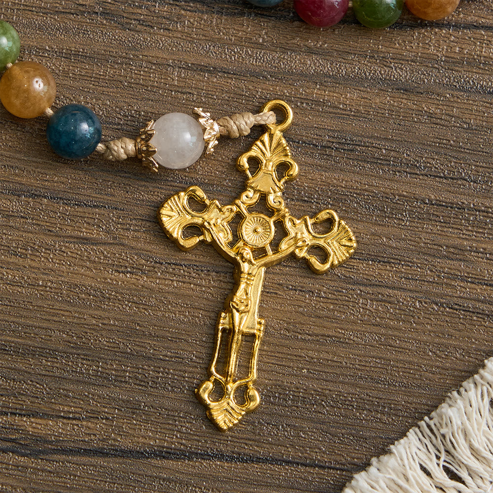 Christianartworkshop Colorful Tourmaline Beads Rosary with Square Divine Mercy and Golden Crucifix - image 6