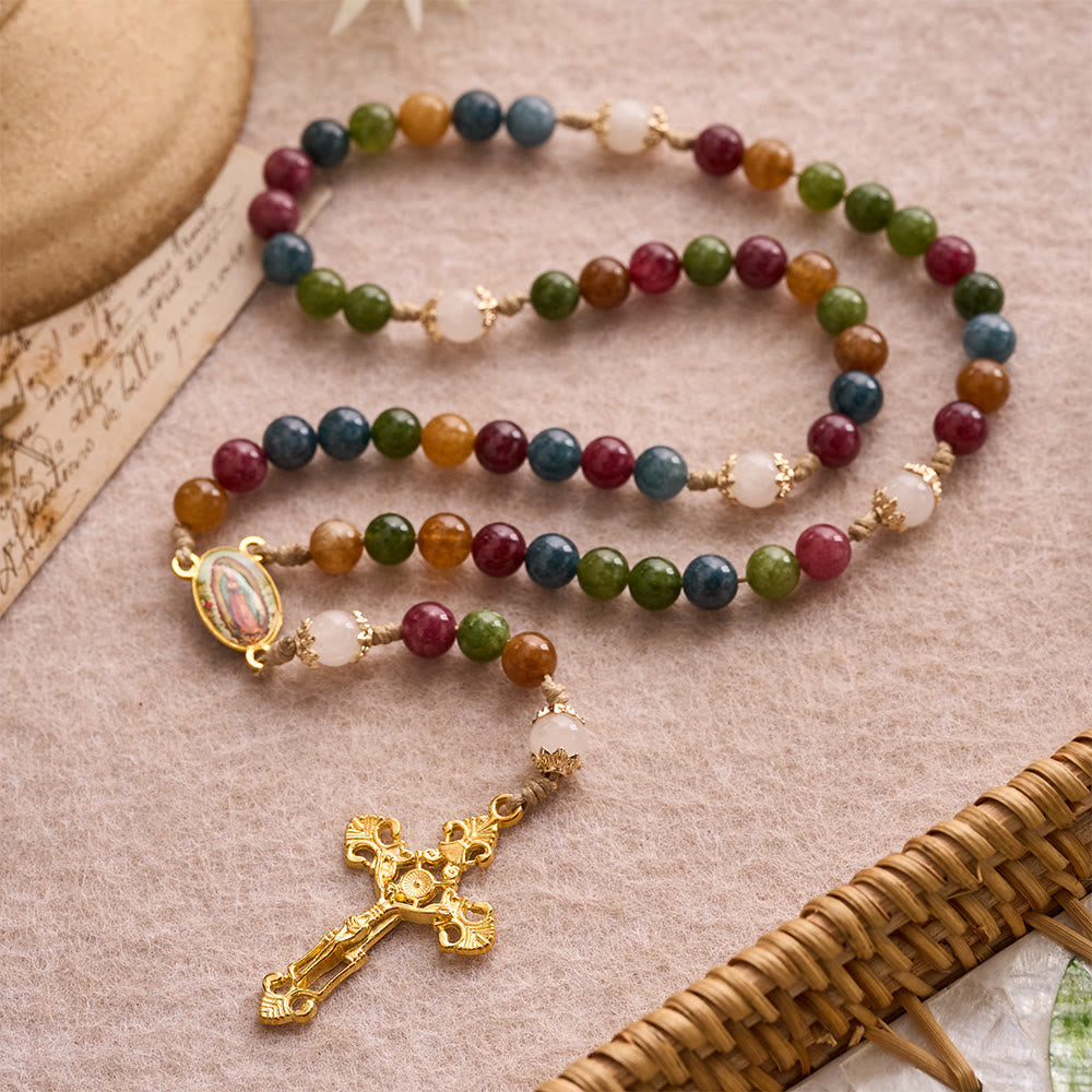 Christianartworkshop Colorful Tourmaline Beads Rosary with Square Divine Mercy and Golden Crucifix - image 12