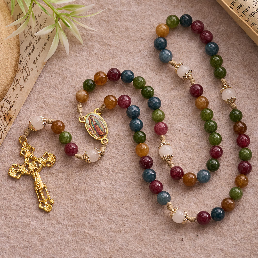 Christianartworkshop Colorful Tourmaline Beads Rosary with Square Divine Mercy and Golden Crucifix - Our Lady of Guadalupe - image 7