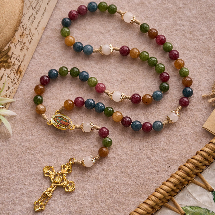 Christianartworkshop Colorful Tourmaline Beads Rosary with Square Divine Mercy and Golden Crucifix - image 8