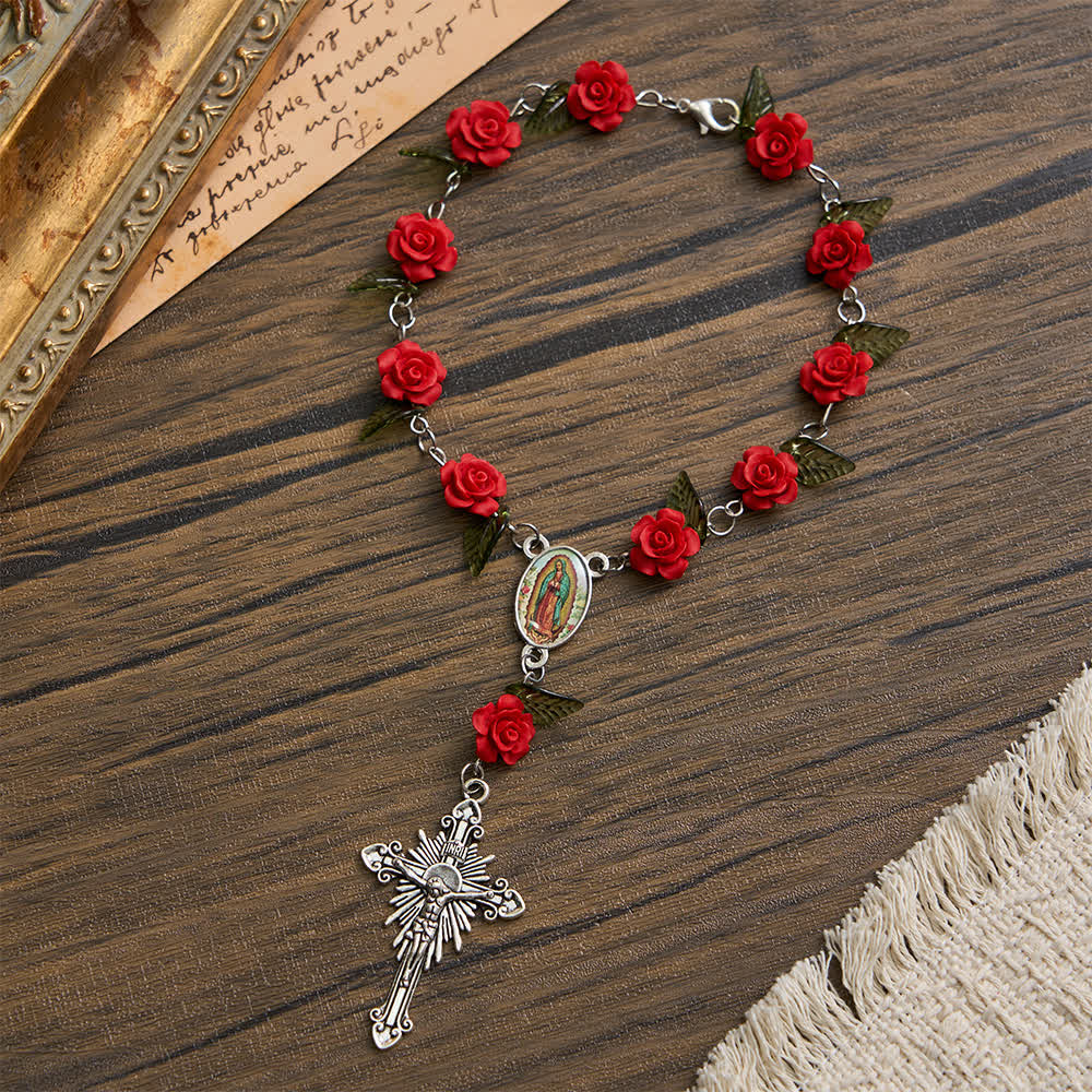 Christianartworkshop Sacred Red Rose Pocket Rosary with Our Lady's Floral Devotion - Our Lady & Crucifix - image 0