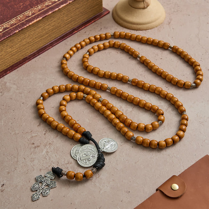 Christianartworkshop Traditional Rustic Wood Fifteen Decade Prayer Rosary with St. Benedict Medal & Crucifix - image 4