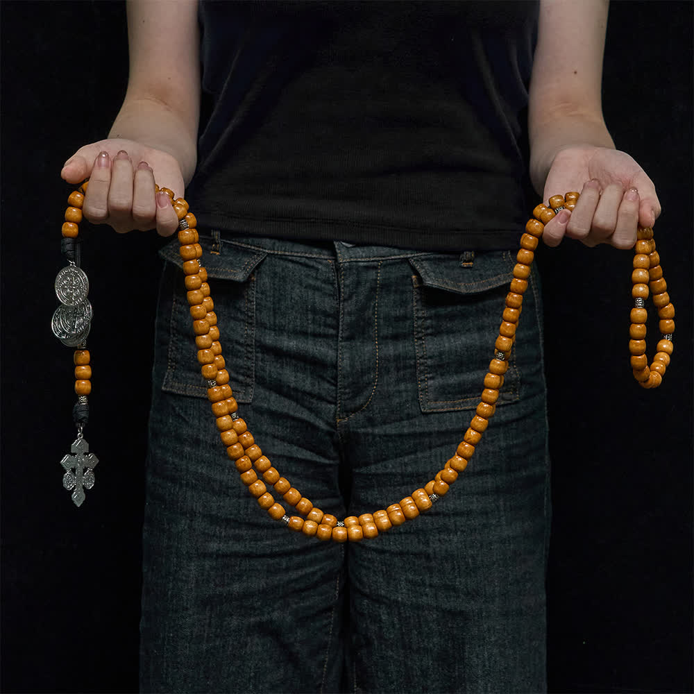 Christianartworkshop Traditional Rustic Wood Fifteen Decade Prayer Rosary with St. Benedict Medal & Crucifix - image 3