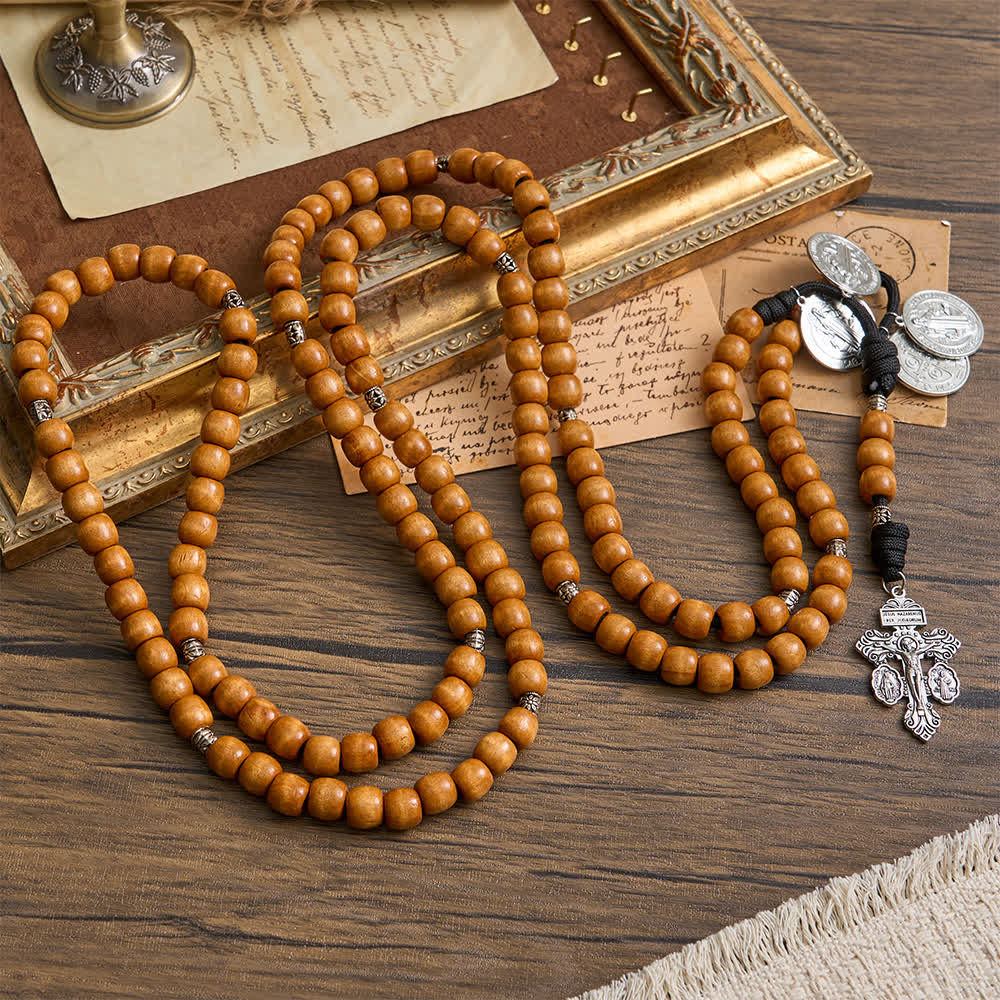 Christianartworkshop Traditional Rustic Wood Fifteen Decade Prayer Rosary with St. Benedict Medal & Crucifix - image 7
