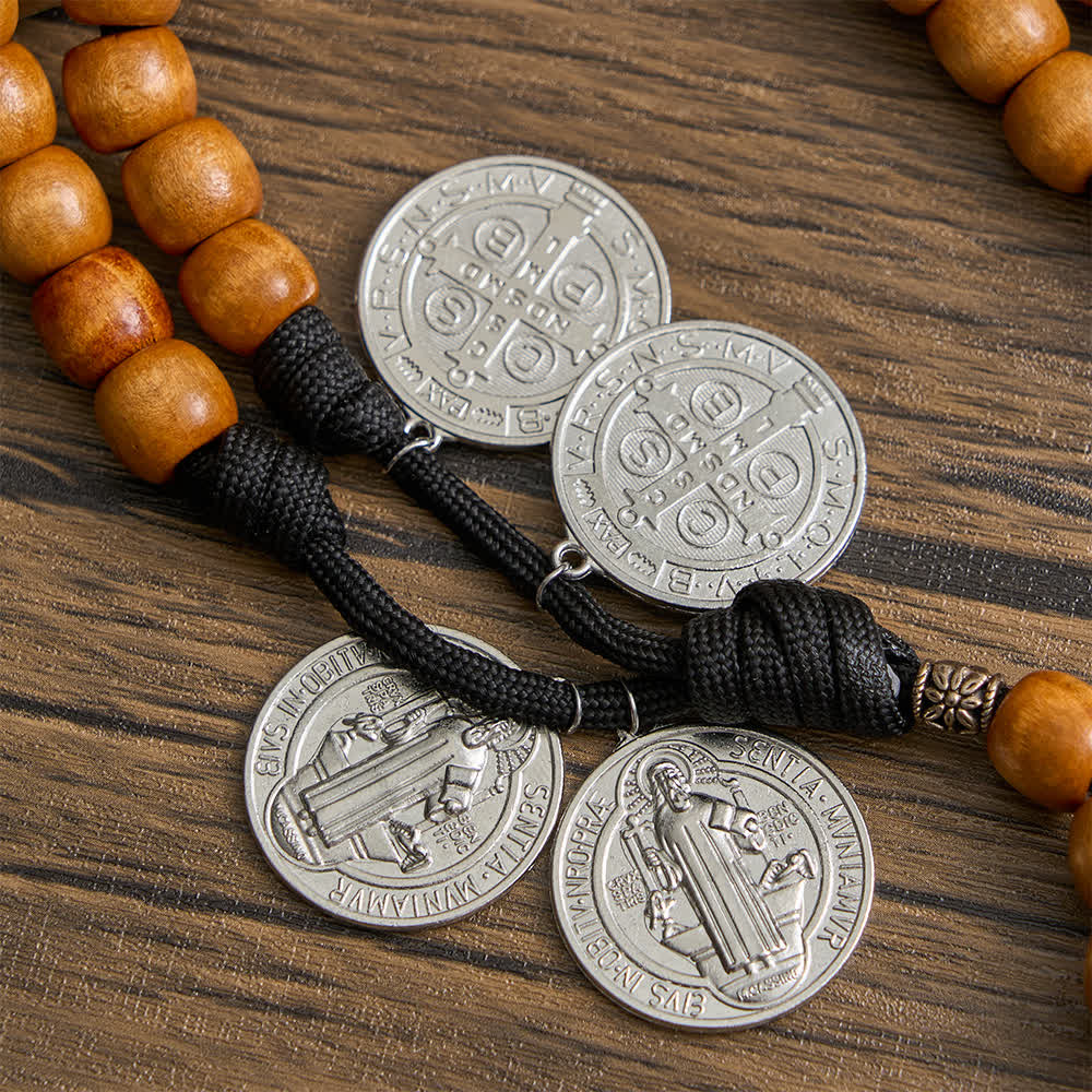 Christianartworkshop Traditional Rustic Wood Fifteen Decade Prayer Rosary with St. Benedict Medal & Crucifix - image 9