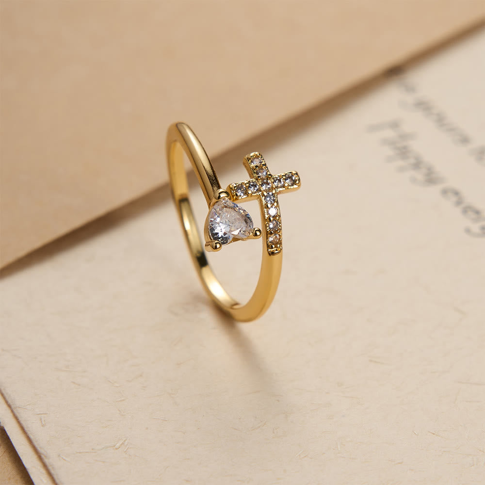 Christianartworkshop Two-Color Adjustable Ring with Paved Cross & Heart Zircon Accents: A Reminder of Sacred Grace - Golden(Suitable for US Sizes 9-12) - image 5