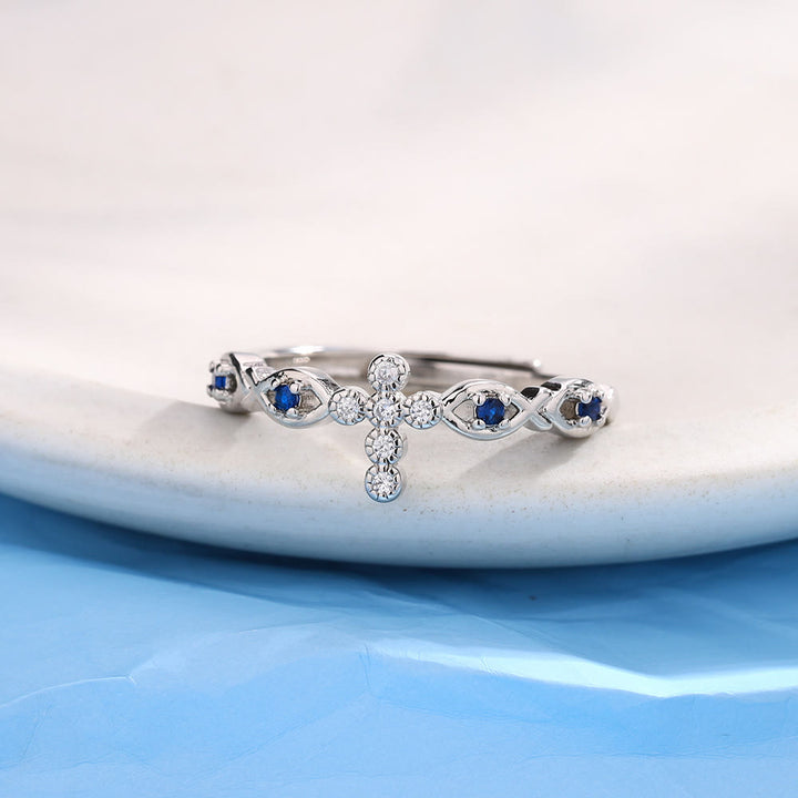 Christianartworkshop Dainty Cross Ring with Blue Zircon Accents: A Symbol of Faith and Serenity - Cross(Suitable for US Sizes 7-9) - image 0