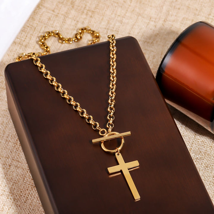 Christianartworkshop Sleek Cross Necklace with Toggle Clasp and Rolo Chain: A Reminder of Divine Grace - Golden - image 2