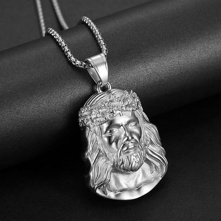 Christianartworkshop Jesus Head Pendant Necklace with Crown of Thorns and Zircon Accents: A Symbol of Sacrifice and Grace - Silver Zircon Thorn - image 2